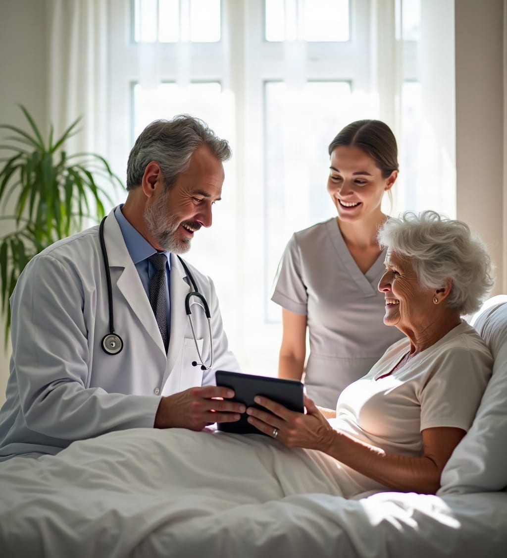A physician and a facility nurse reviewing a care plan on a tablet with a patient at her bedside
